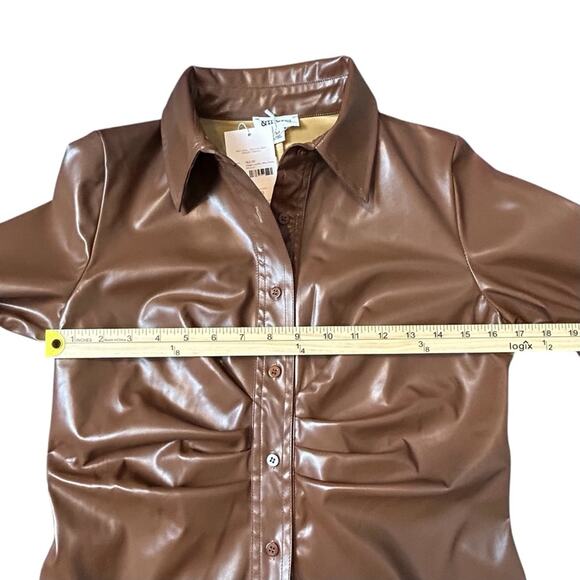 🆕 &merci Vegan Leather Mini Dress Caramel Brown Long Sleeves NWT Size M - Picture 4 of 12